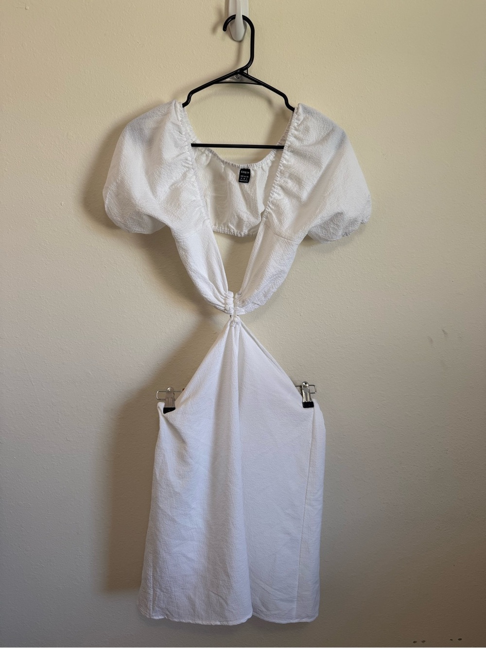 SHEIN White Backless Knot Front Puff Sleeve Mini Dress